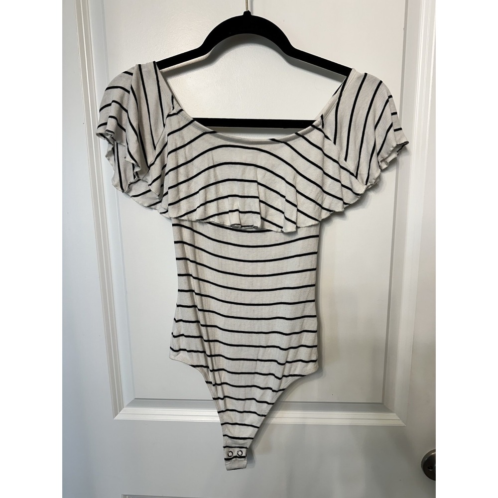 Express Striped Off The Shoulder Bodysuit Size S White and Black Ruffled Stretch